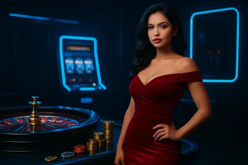Elegant Casino Banner Beautiful woman in red dress standing confidently near roulette and slot machines with neon casino background, gold coins, and poker chips, luxury iGaming atmosphere for Bangladesh homepage