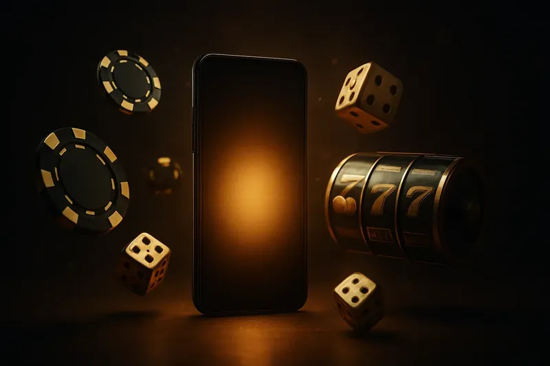 Casino Promo Banner Glowing smartphone surrounded by casino chips, slot reels, and dice on a dark luxurious background